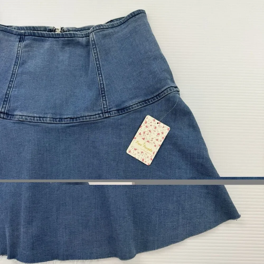 Free People Denim Mini Skirt Size 6 Blue Flare Raw Hem High Waist NWT $68